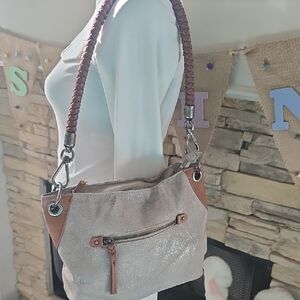 Women's Shimmery Beige Shoulder Bag with Braided Handle